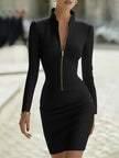 FJØRNA textured zipper hourglass leather mini dress for women, featuring a fitted silhouette and midi length with stylish details.