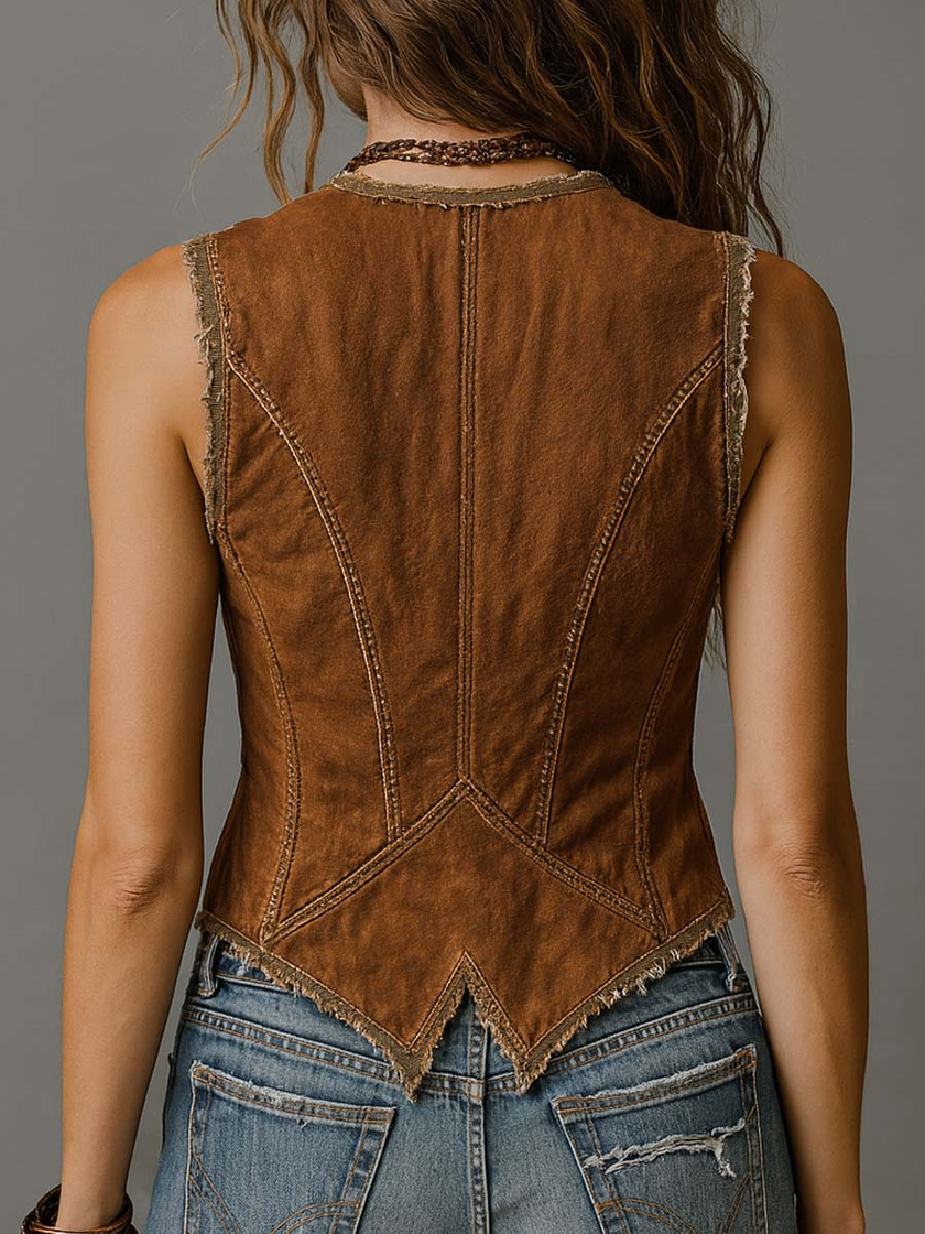 FJØRNA caramel washed denim button-up waistcoat vest worn as a sleeveless tank top, showcasing casual denim style.