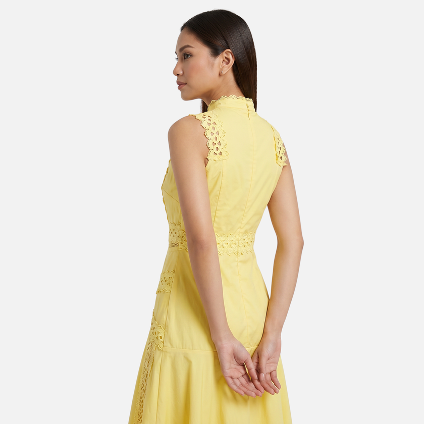 Women's sleeveless lace panel midi dress by FJØRNA, featuring intricate lace details and a flowing silhouette.