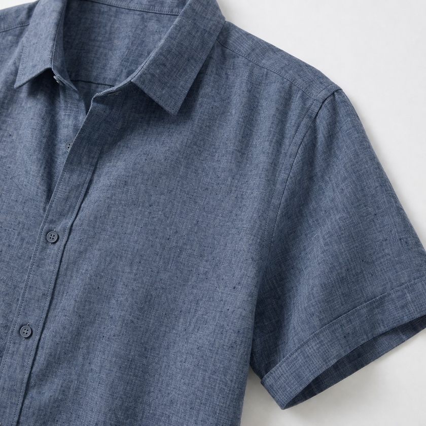Men's cotton-linen short sleeve shirt by FJØRNA, light fabric with a button-up front and classic collar, worn casually.