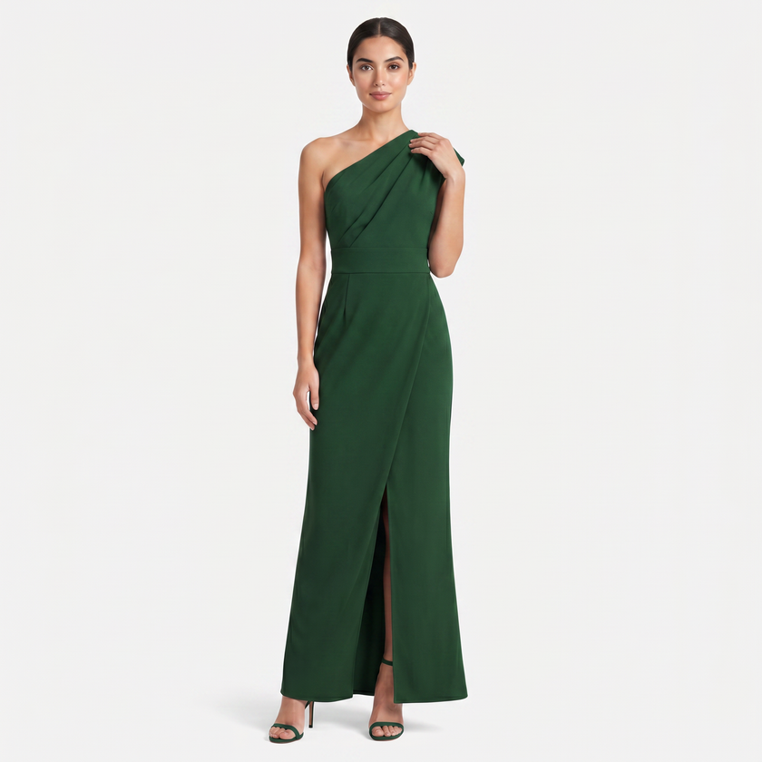 FJØRNA women's one-shoulder maxi evening dress with asymmetric neckline, flowing fabric and elegant design.