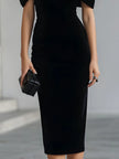 FJØRNA elegant midi dress for women, Bardot velvet style, showcasing a sophisticated neckline and smooth fabric.