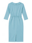 FJØRNA powder blue draped collar pencil midi dress, elegant and fitted, showcasing its sleek silhouette and stylish design.