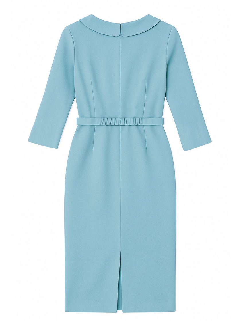 FJØRNA powder blue draped collar pencil midi dress, elegant and fitted, showcasing its sleek silhouette and stylish design.
