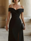 White off-shoulder midi dress for women with pearl-strap detail by FJØRNA, stylish and elegant for special occasions