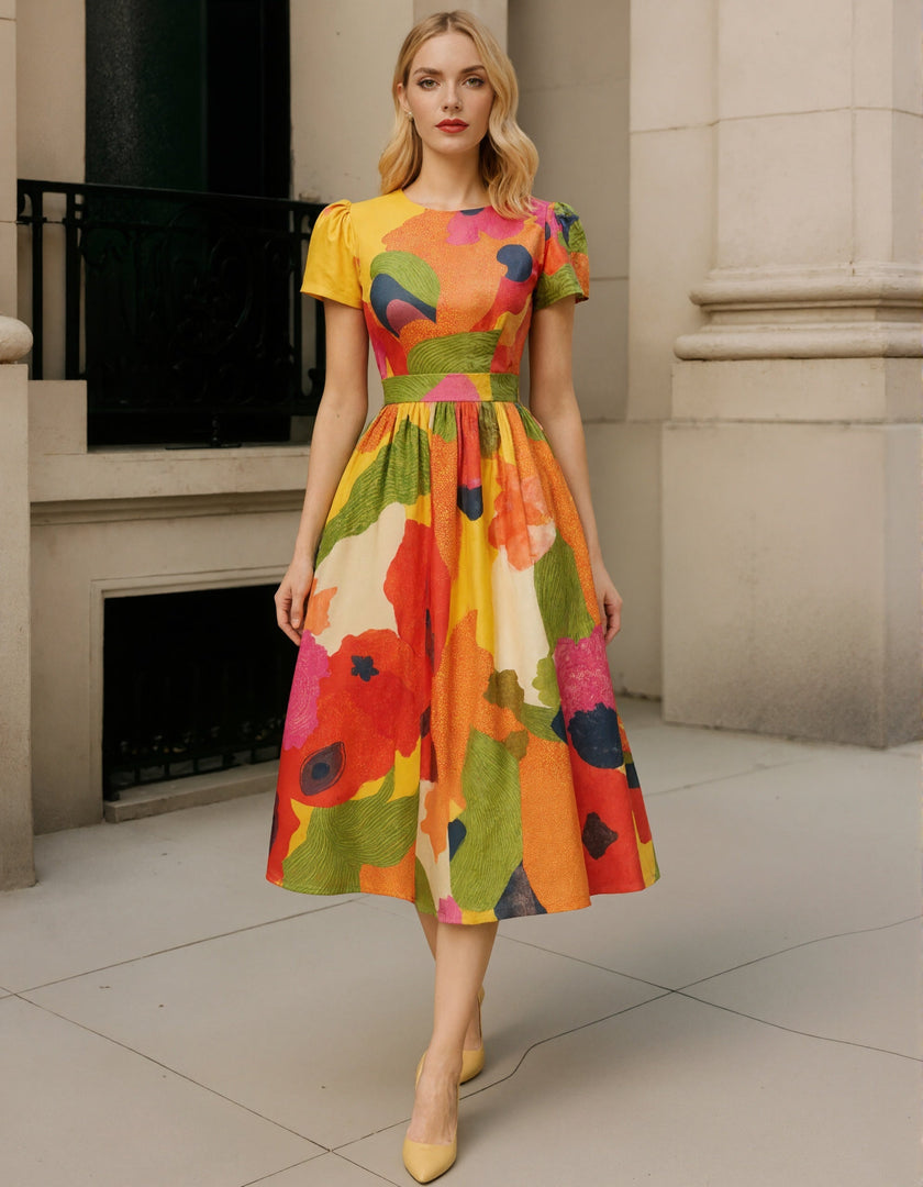 Red satin midi dress for women with A-line silhouette, pleated skirt, and puff sleeves by FJØRNA.