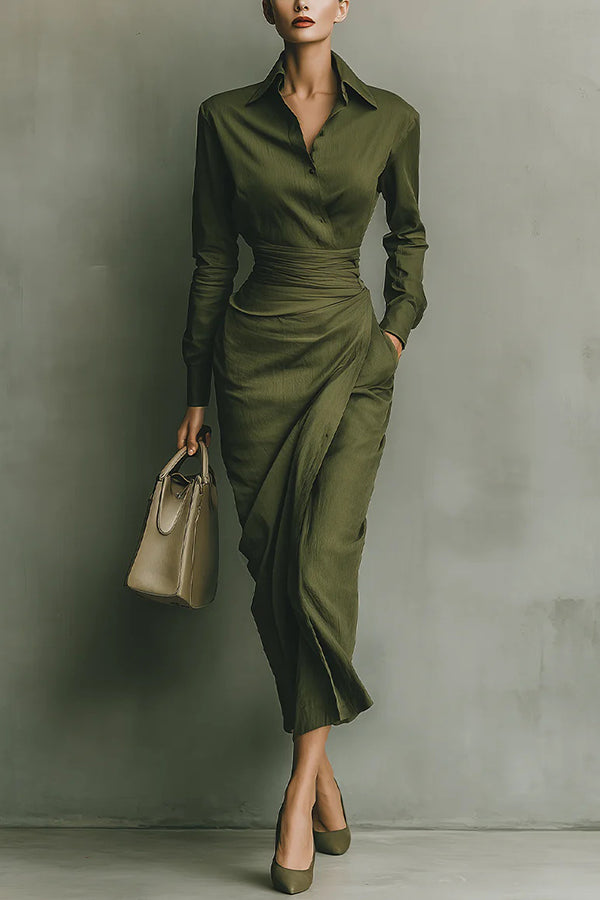 White FJØRNA long sleeve midi dress with lapel collar, pocket, slim fit, and asymmetrical hem, perfect for stylish occasions.