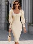 FJØRNA leather midi dress with puff sleeves, square neckline, and button details, showcasing a stylish and elegant design.