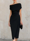 FJØRNA minimalist black asymmetric one-shoulder midi dress featuring sleek design and elegant fit, perfect for stylish occasions.