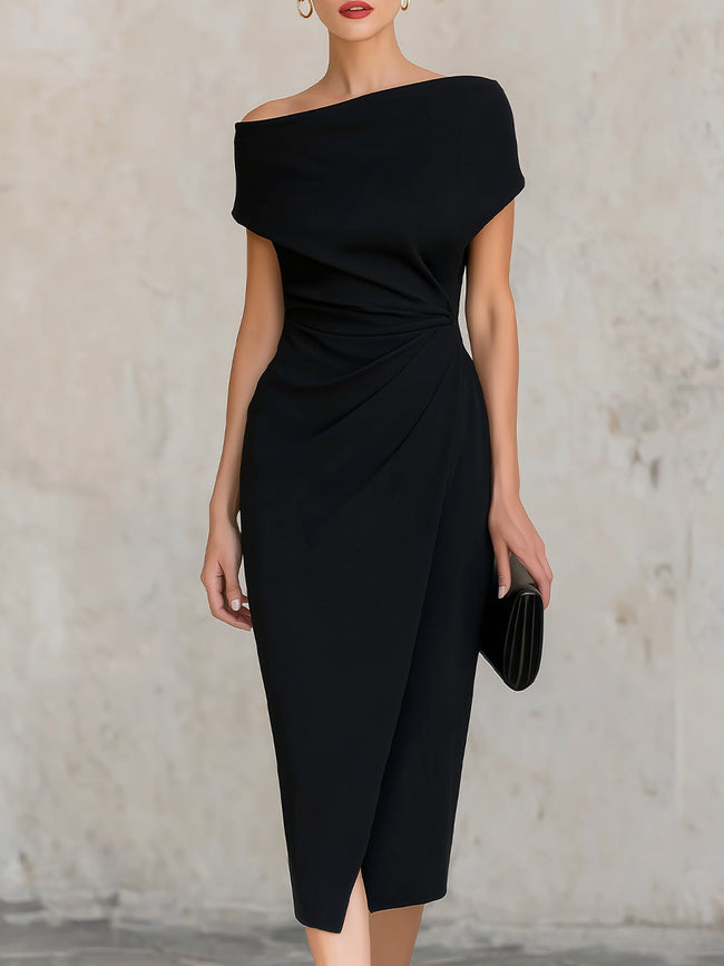 FJØRNA black asymmetric one-shoulder midi dress, elegant cocktail dress with a modern asymmetrical design and fitted silhouette.