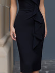 FJØRNA sheer neckline ruffle-trim sculpted midi dress shown on model, featuring elegant ruffle details and a fitted design.