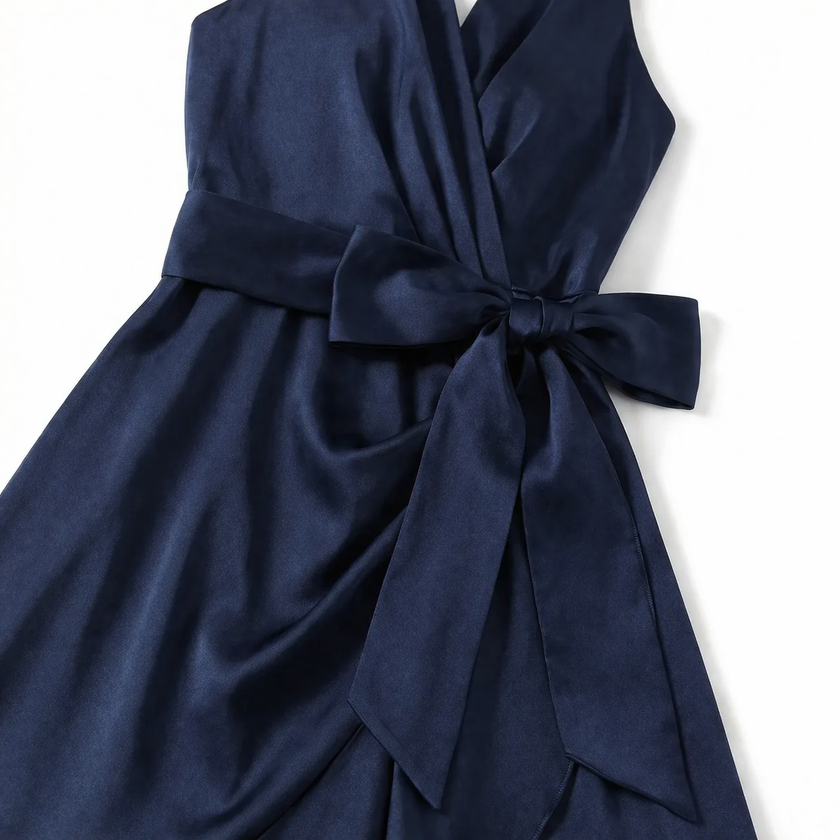 Women's elegant sleeveless wrap midi dress by FJØRNA, featuring a stylish design and flowing fabric, perfect for formal occasions