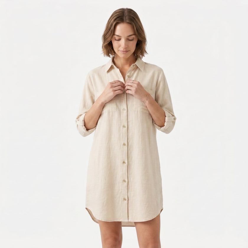 FJØRNA women's oversized linen shirt dress with button-down front, long sleeves, and relaxed fit, perfect for casual wear.