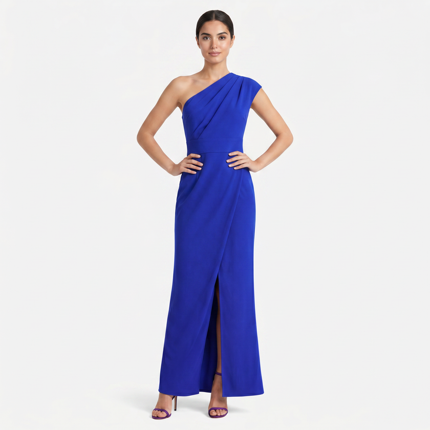 FJØRNA women's one-shoulder maxi evening dress with asymmetric neckline, flowing fabric and elegant silhouette.