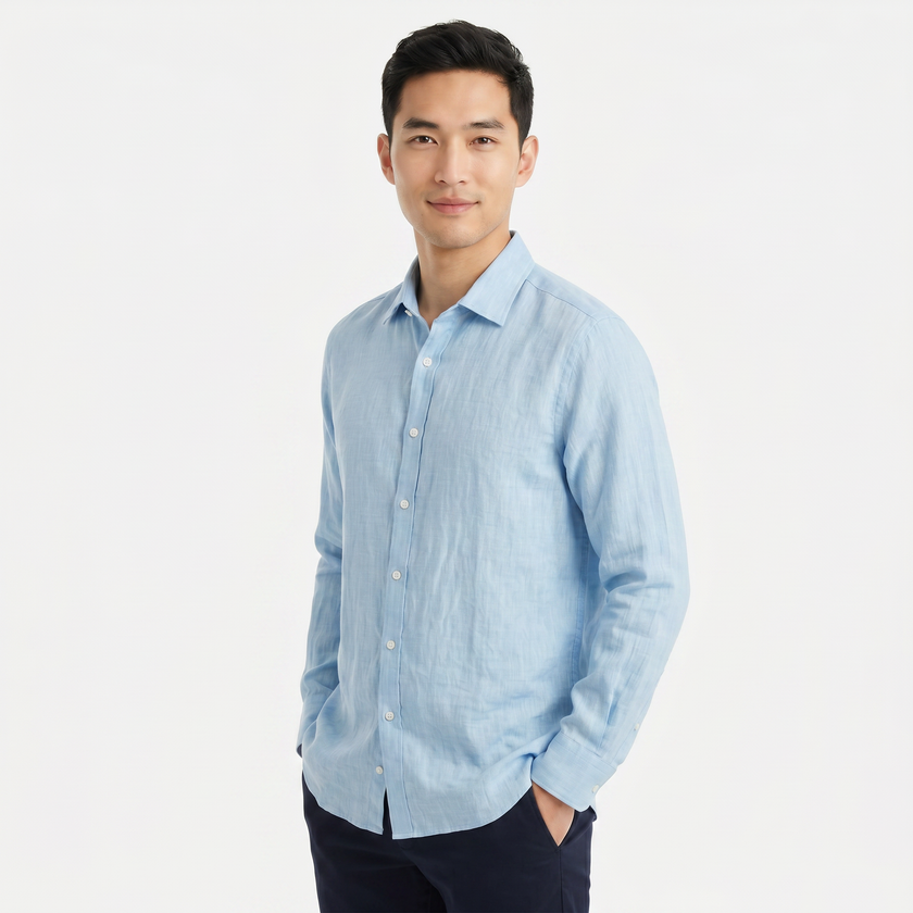 FJØRNA men's long sleeve linen button-down shirt in natural beige fabric, displayed on a hanger.