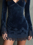 FJØRNA women's mini velvet dress with embroidery bell sleeves and lace detailing, stylish and elegant for special occasions.