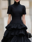 FJØRNA high neck tiered ruffle midi dress showing layered ruffle details and high neckline on a stylish dress.