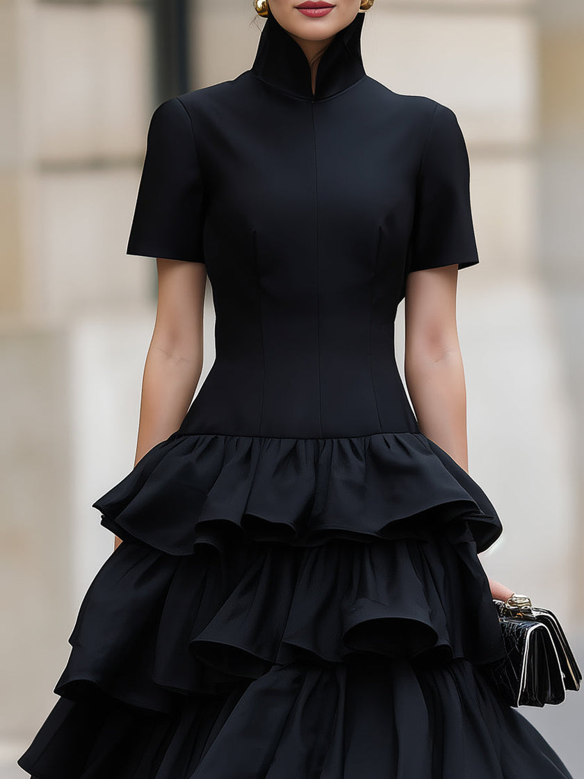 FJØRNA high neck tiered ruffle midi dress showing layered ruffle details and high neckline on a stylish dress.