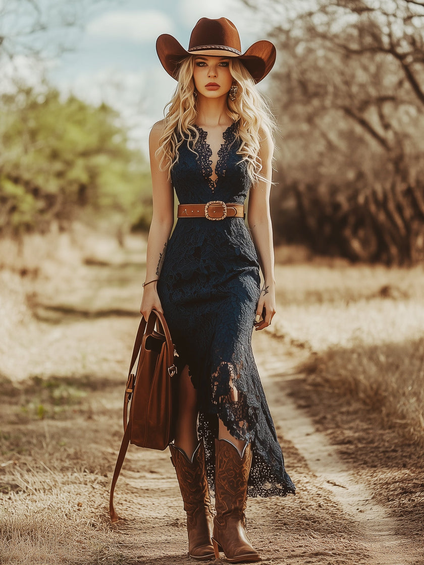 Blue Lace Sleeveless Midi Dress | Casual Dress