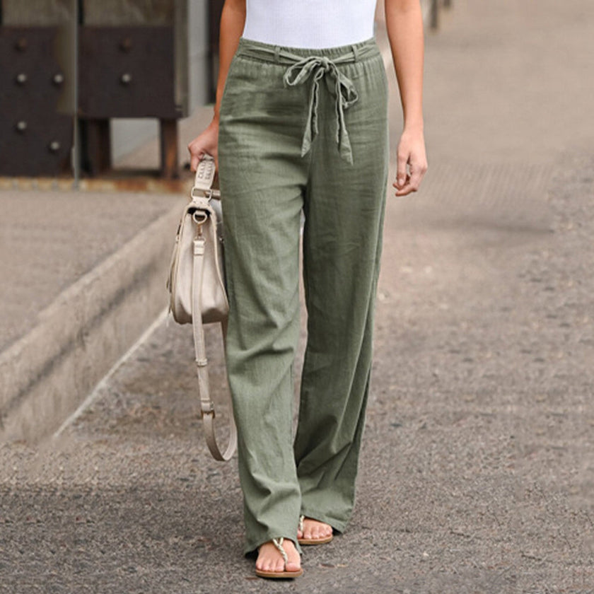 FJØRNA Jane women's wide-leg pants with drawstring, high waist, casual style, shown in beige fabric.