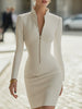 FJØRNA textured zipper hourglass leather mini dress for women, featuring a fitted silhouette and midi length with detailed design.