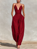 FJØRNA women's linen spaghetti strap jumpsuit with V-neck, high waist, pleated wide-leg pants, lightweight and stylish.