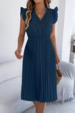 FJØRNA solid color V-neck sleeveless midi dress with lace trim, pleated casual style perfect for warm weather.