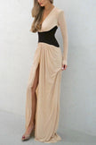 FJØRNA color-blocked V-neck long-sleeved maxi dress with high slit, slim fit, and elegant design, perfect for formal occasions.