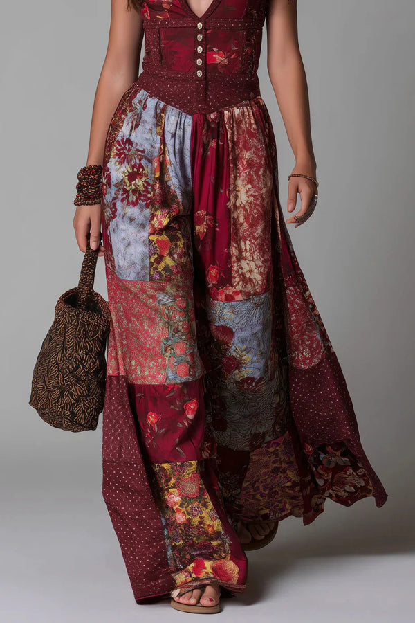FJØRNA printed sleeveless v-neck casual maxi dress with fitted waist, perfect for summer and casual occasions