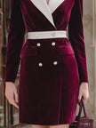FJØRNA Burgundy velvet blazer dress with contrast lapel, double-breasted front, and fitted silhouette.