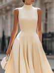 FJØRNA Luxe Cream sleeveless turtleneck pleated midi dress for women, elegant white midi dress with a fitted bodice and flowing skirt.