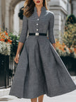 FJØRNA collared button-front fit-and-flare midi dress with belt, stylish women's dress showing the front view and waist details.