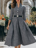 FJØRNA collared button-front fit-and-flare midi dress with belt, stylish women's dress showing the front view and waist details.