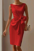 FJØRNA solid color bow decoration sleeveless round neck knee-length mini dress displayed on a hanger.