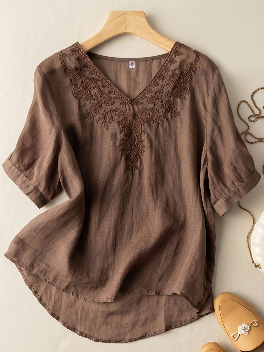 FJØRNA women's summer blouse with V-neck, linen fabric, flowy casual fit, white color, lightweight and breathable top.