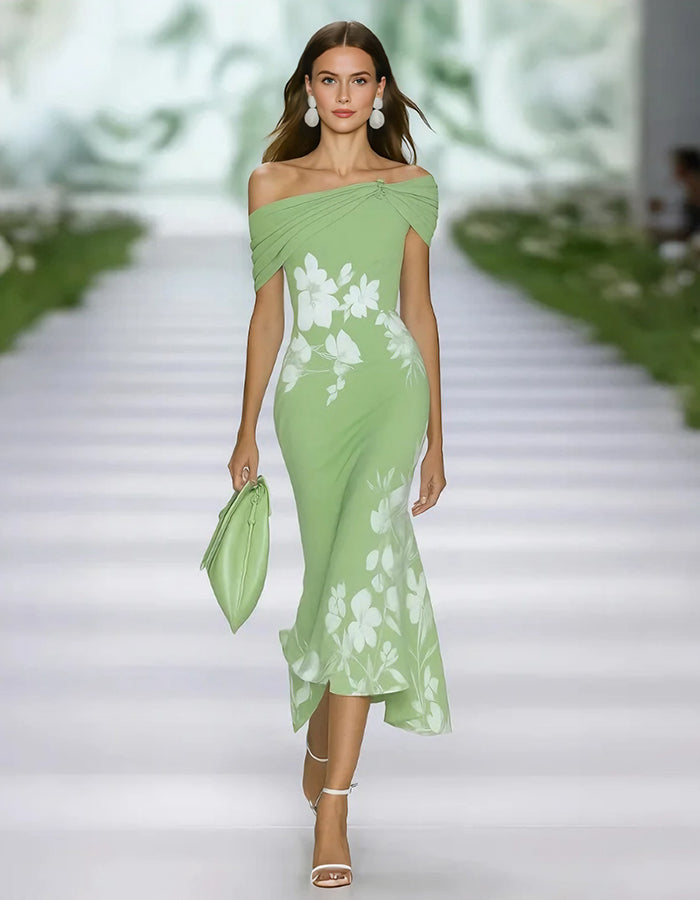 FJØRNA green lace midi dress for women, featuring intricate lace details and a flattering midi length, perfect for elegant occasions.