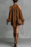 FJØRNA white off-shoulder lantern-sleeve suede mini dress with a loose fit, perfect for stylish casual or evening wear.