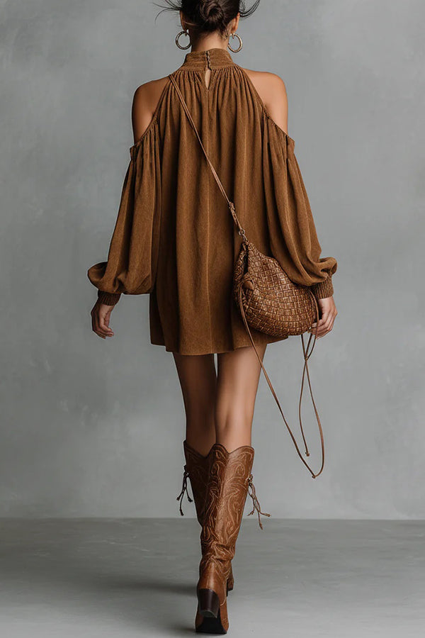 FJØRNA white off-shoulder lantern-sleeve suede mini dress with a loose fit, perfect for stylish casual or evening wear.