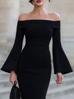 FJØRNA elegant off-shoulder bell-sleeve bodycon midi dress for women, fitted design with a stylish off-shoulder and bell sleeves.
