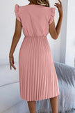 FJØRNA solid color V-neck sleeveless midi dress with lace trim, pleated design, casual style, and relaxed fit.