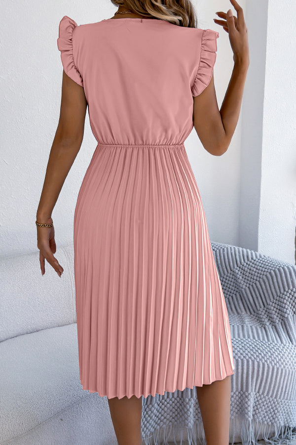 FJØRNA solid color V-neck sleeveless midi dress with lace trim, pleated design, casual style, and relaxed fit.