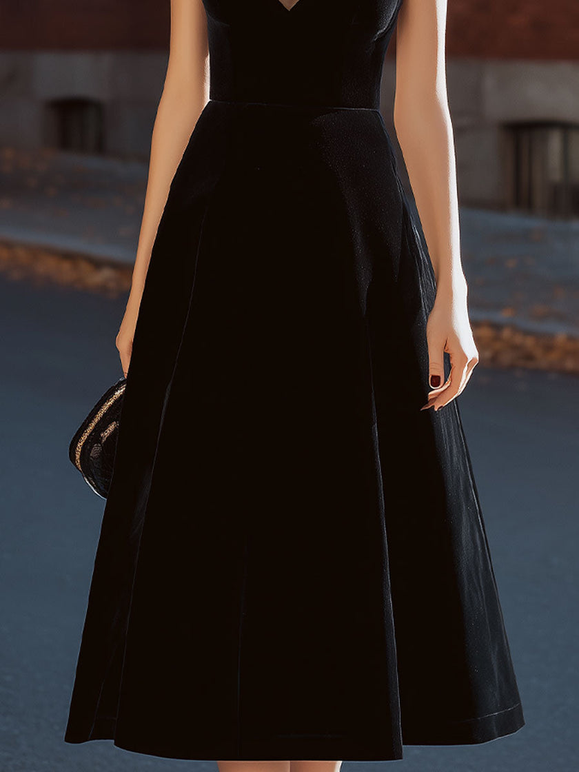 FJØRNA black velvet sleeveless mesh V-neck fit and flare midi dress for women, showcasing a stylish and elegant midi black dress.