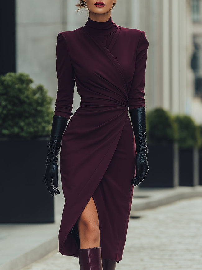 FJØRNA deep burgundy draped wrap midi dress, summer business dress with elegant flowy fabric and sophisticated style.