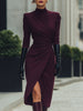 FJØRNA deep burgundy draped wrap midi dress with elegant flowy fabric and feminine silhouette, perfect for formal occasions.