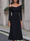 FJØRNA off-shoulder A-line midi dress for women with spaghetti straps, flowing fabric, and elegant silhouette.