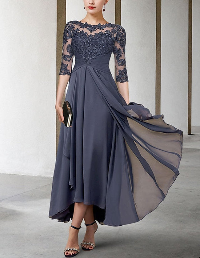 FJØRNA chiffon midi dress for women with A-line silhouette and three-quarter sleeves, elegant and flowy for stylish occasions