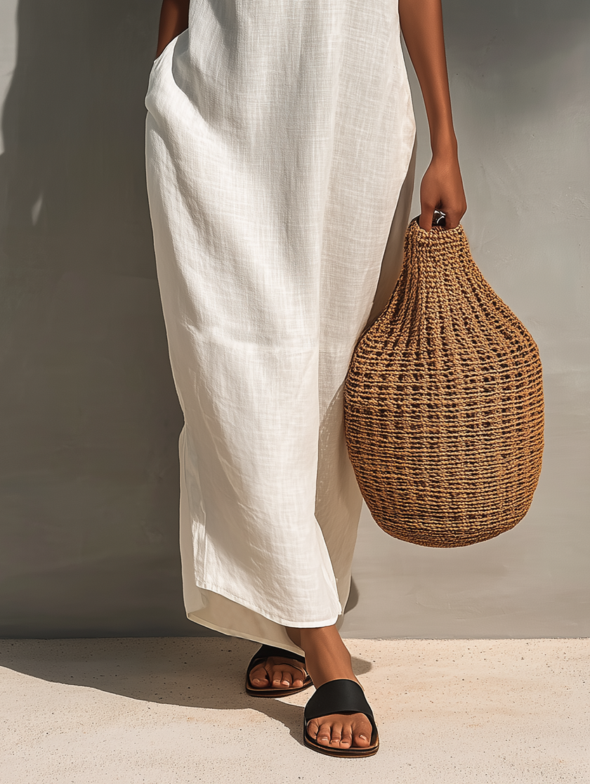 FJØRNA sleeveless maxi dress for women, flowy long dress with a fitted bodice and lightweight fabric, perfect for summer wear.