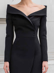 FJØRNA black off-shoulder structured midi dress with overlapping front slit, elegant and stylish for women