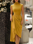 FJØRNA two-way convertible high-neck draped midi dress for women, showing front view with elegant draped fabric and high neckline.