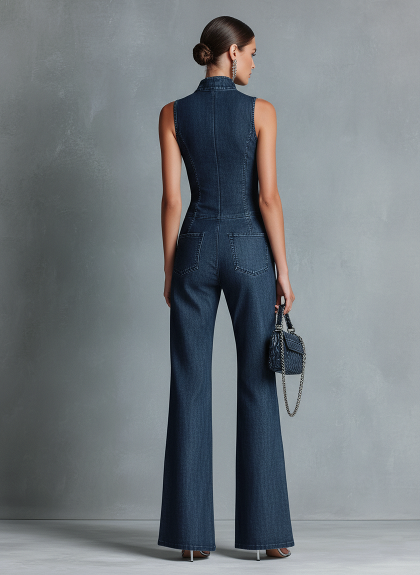 FJØRNA women's dark denim flared jumpsuit with high neck, sleeveless design, front zipper, and pants style.